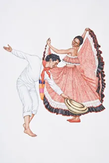 Illustration, man and woman dancing the cumbia, a Columbian folk dance, side view Illustration, man and woman dancing the cumbia, a Columbian folk dance, side view