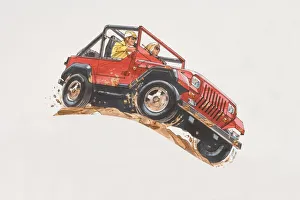 Illustration, man and woman driving small red jeep over sand hill, low angle view Illustration, man and woman driving small red jeep over sand hill, low angle view
