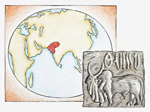 Illustration of map highlighting Indus Valley region and ancient tablet showing water buffalo Illustration of map highlighting Indus Valley region and ancient tablet showing water buffalo