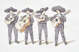 Illustration, mariachi band consisting of four guitarists in grey Mexican hats and matching suits, front view Illustration, mariachi band consisting of four guitarists in grey Mexican hats and matching suits, front view