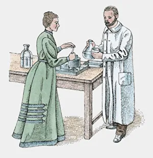 Illustration of Marie and Pierre Curie standing at workbench in laboratory Illustration of Marie and Pierre Curie standing at workbench in laboratory