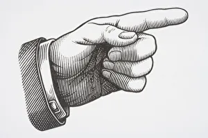 Illustration, mature mans left hand, index finger pointing, other fingers bent inward, palm showing deep lifelines Illustration, mature mans left hand, index finger pointing, other fingers bent inward, palm showing deep lifelines