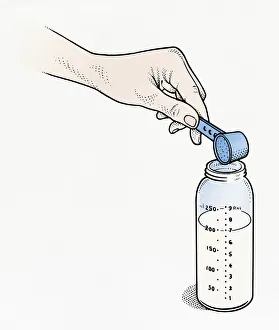 Illustration of measuring scoop above baby bottle Illustration of measuring scoop above baby bottle