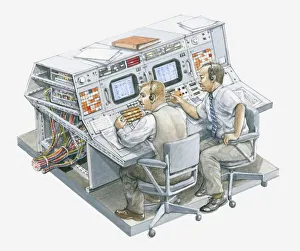 Illustration of two men in Apollo 11 control room Illustration of two men in Apollo 11 control room