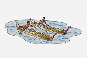 Illustration of two men in canoes loaded with tropical fruit Illustration of two men in canoes loaded with tropical fruit