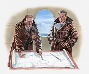 Illustration of two men pointing at route through Polar region on map inside airship Illustration of two men pointing at route through Polar region on map inside airship
