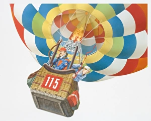 Illustration, two men standing in basket of rising hot-air balloon Illustration, two men standing in basket of rising hot-air balloon