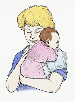 Illustration of mother gently winding baby Illustration of mother gently winding baby
