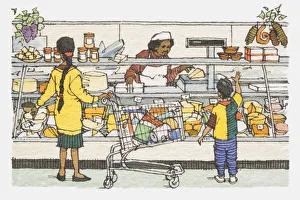 Illustration, mother and son being served standing in front of supermarket meat and cheese counter Illustration, mother and son being served standing in front of supermarket meat and cheese counter