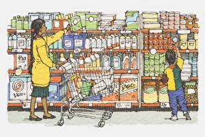 Illustration, mother and son standing in front of supermarket rack containing washing powders Illustration, mother and son standing in front of supermarket rack containing washing powders