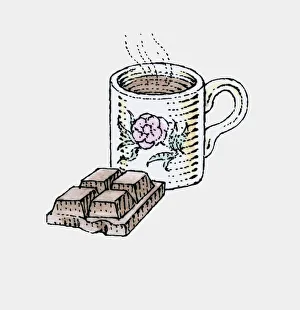 Illustration of mug of hot chocolate and partly eaten chocolate bar Illustration of mug of hot chocolate and partly eaten chocolate bar