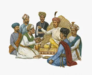 Illustration of Muslims, Zoroastrians, Hindu pandits and yogis discuss their religious Illustration of Muslims, Zoroastrians, Hindu pandits and yogis discuss their religious
