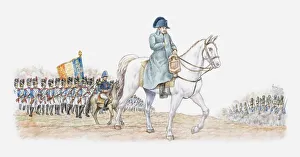 Illustration of Napoleon Bonaparte leading his army on horseback Illustration of Napoleon Bonaparte leading his army on horseback