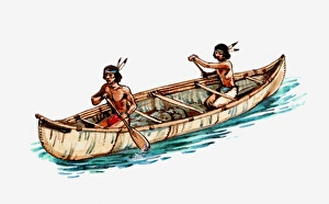 Illustration of Native Americans rowing bark canoe Illustration of Native Americans rowing bark canoe