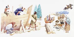 Illustration of Noah and his three sons Shem, Ham, and Japheth constructing the Ark as Illustration of Noah and his three sons Shem, Ham, and Japheth constructing the Ark as