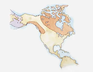 Illustration of North America and Greenland with areas covered in ice highlighted in red Illustration of North America and Greenland with areas covered in ice highlighted in red