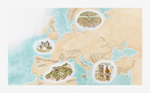 Illustration of Novgorod, Chateau de Saumur, Granada and Gutenberg Press during Medieval era Illustration of Novgorod, Chateau de Saumur, Granada and Gutenberg Press during Medieval era