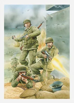 Illustration of of American soldiers firing rifles and throwing grenades next to German Illustration of of American soldiers firing rifles and throwing grenades next to German