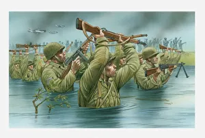Illustration of of American soldiers wading waist deep in water with rifles held aloft Illustration of of American soldiers wading waist deep in water with rifles held aloft