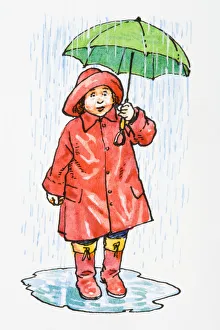 Illustration of of child standing in puddle holding umbrella above head wearing raincoat Illustration of of child standing in puddle holding umbrella above head wearing raincoat