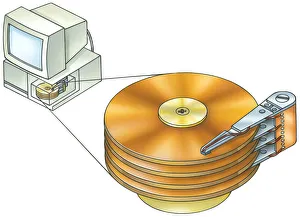 Illustration of PC desktop computer and hard disc drive with cross section showing hard Illustration of PC desktop computer and hard disc drive with cross section showing hard