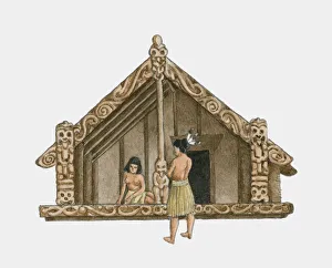 Illustration of two people in front of 16th century Maori house Illustration of two people in front of 16th century Maori house