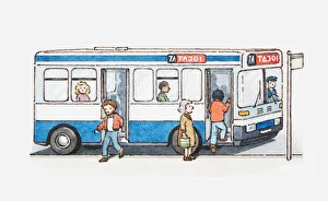 Illustration of people boarding and getting off a bus Illustration of people boarding and getting off a bus