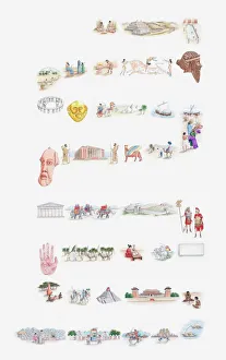 Illustration of people, customs, artefacts, monuments from ancient civilisations Illustration of people, customs, artefacts, monuments from ancient civilisations