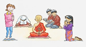 Illustration of people of different religious beliefs praying Illustration of people of different religious beliefs praying