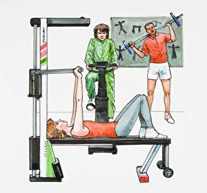 Illustration of people exercising in gym using strength training bench, exercise bike Illustration of people exercising in gym using strength training bench, exercise bike