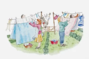 Illustration of people hanging up washing in small sections of garden separated by low Illustration of people hanging up washing in small sections of garden separated by low