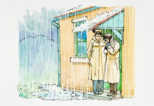 Illustration of two people sheltering from freezing rain storm below porch roof Illustration of two people sheltering from freezing rain storm below porch roof