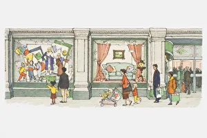 Illustration, people walking past windows of department store Illustration, people walking past windows of department store