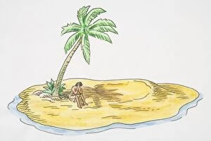 Images Dated 11th September 2006: Illustration, person stranded on deserted island with single palm tree