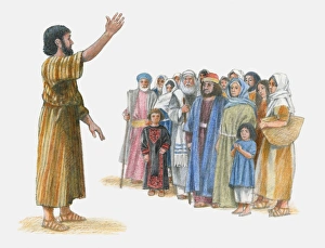 Illustration of Peter preaching to group of people with one arm raised Illustration of Peter preaching to group of people with one arm raised