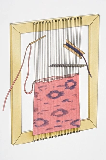Illustration, pink and purple yarn being weaved on wooden frame with weaving needle Illustration, pink and purple yarn being weaved on wooden frame with weaving needle