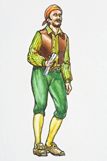 Illustration of pirate holding paper, with beard wearing headscarf, shirt, waistcoat Illustration of pirate holding paper, with beard wearing headscarf, shirt, waistcoat