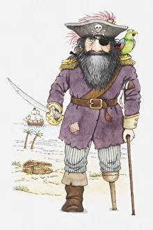 Illustration of a pirate with parrot perched on his shoulder Illustration of a pirate with parrot perched on his shoulder