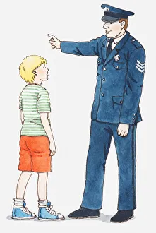 Illustration of policeman giving directions or instructions to a boy Illustration of policeman giving directions or instructions to a boy