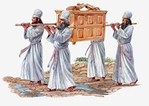 Illustration of four priests carrying the Ark of the Covenant and crossing the River Jordan Illustration of four priests carrying the Ark of the Covenant and crossing the River Jordan