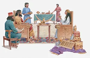 Illustration of Queen of Sheba talking to Solomon, surrounded by servants, gifts on the floor, Book of Kings Illustration of Queen of Sheba talking to Solomon, surrounded by servants, gifts on the floor, Book of Kings