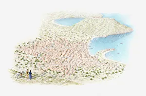 Illustration of recreation of bronze age town and how it would have looked to a traveller Illustration of recreation of bronze age town and how it would have looked to a traveller