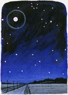 Illustration of ring around full moon caused by reflection of moonlight from crystals in Illustration of ring around full moon caused by reflection of moonlight from crystals in