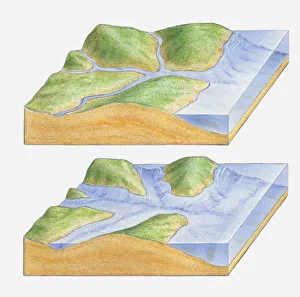 Illustration of river joining sea with level rising to form estuaries Illustration of river joining sea with level rising to form estuaries