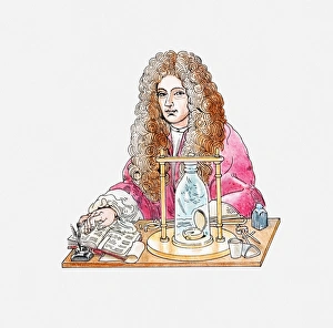 Illustration of Robert Boyle conducting experiment, showing that sounds are carried by air Illustration of Robert Boyle conducting experiment, showing that sounds are carried by air