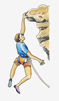Illustration of a rock climber hanging onto the edge of a rock with one hand Illustration of a rock climber hanging onto the edge of a rock with one hand