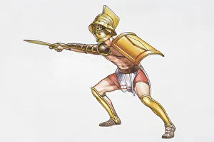 Illustration, Roman gladiator brandishing his sword in front of him, side view Illustration, Roman gladiator brandishing his sword in front of him, side view