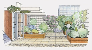 Illustration of a roof garden with water feature, raised flowerbeds, and trellises Illustration of a roof garden with water feature, raised flowerbeds, and trellises