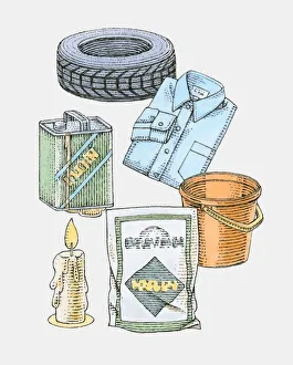 Illustration of rubber tyre, folded shirt, lit candle, plastic bucket, plastic sack and oil can Illustration of rubber tyre, folded shirt, lit candle, plastic bucket, plastic sack and oil can