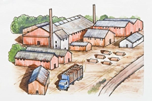 Illustration of rural factory farm buildings and semi-truck Illustration of rural factory farm buildings and semi-truck